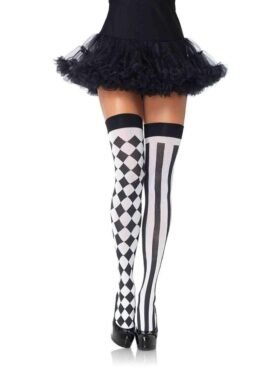 Nylon Thigh Highs  Harlequin and Stripes  One Size