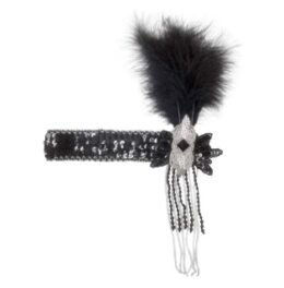 Black Sequin Headband with Feather